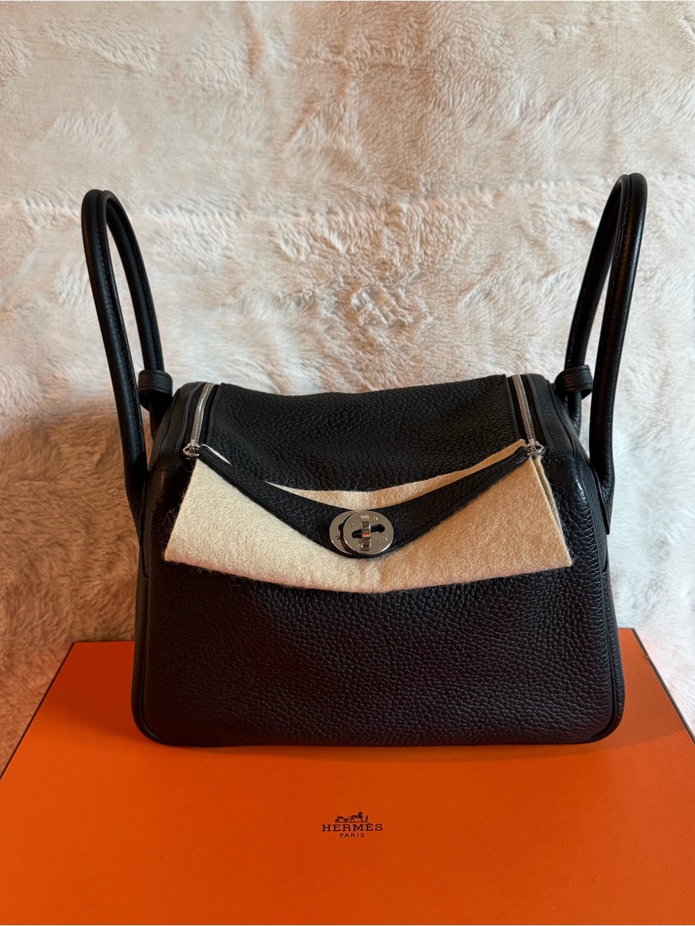 Hermes Black Leather Shoulder Bag with Cream Front Panel